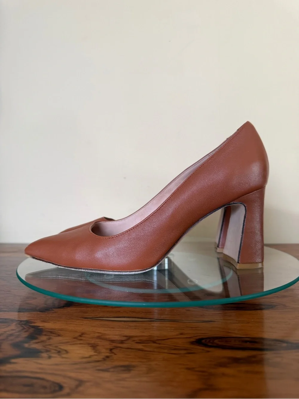 ALLY Shoes Caramel Brown Leather Pointed Block Heel Pumps 37.5B / US 7 7.5